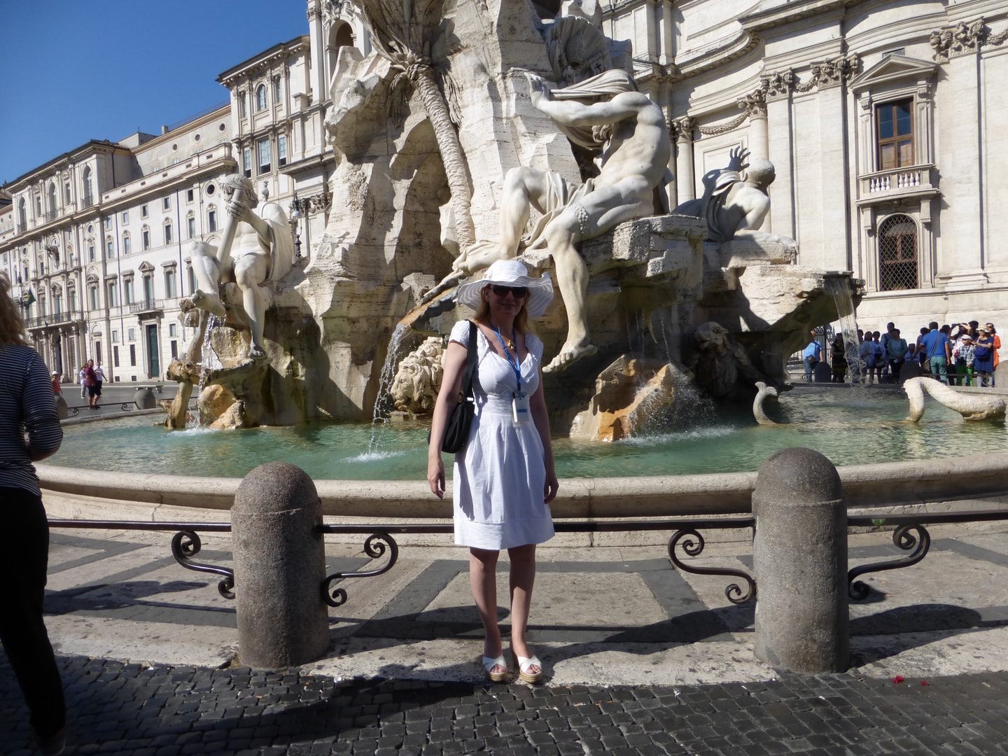 Carol LaHines at an Italian baroque fountain